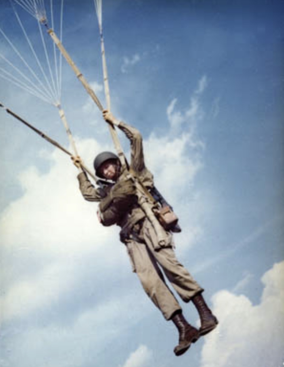 An American WW2 paratrooper during a practice jump 